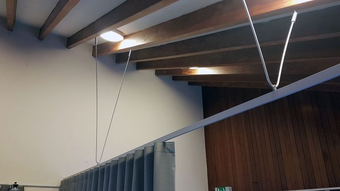 Curtain Divider, track suspended from sloped ceiling